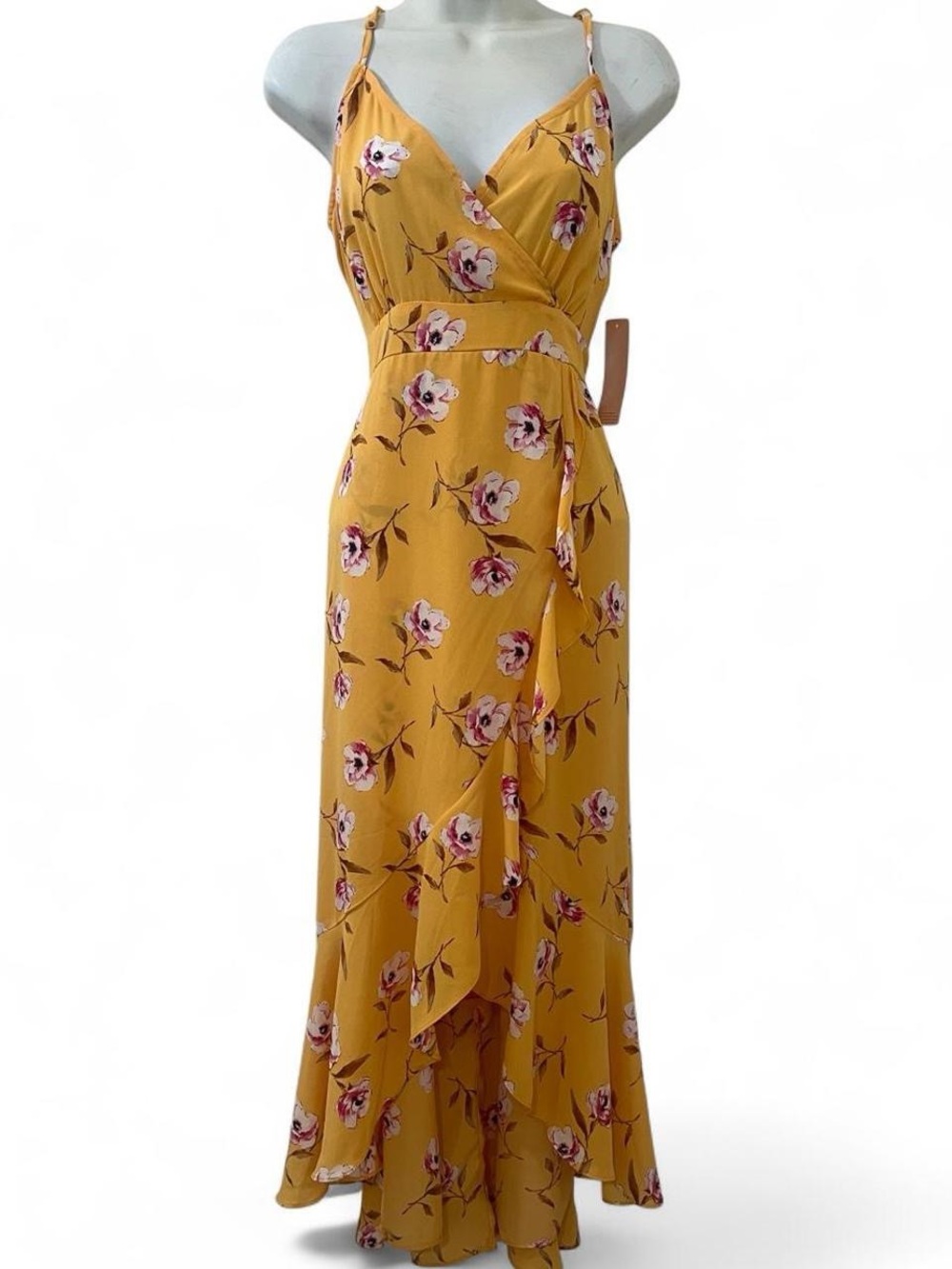 Floral Wrap Maxi Dress in Mustard Yellow
